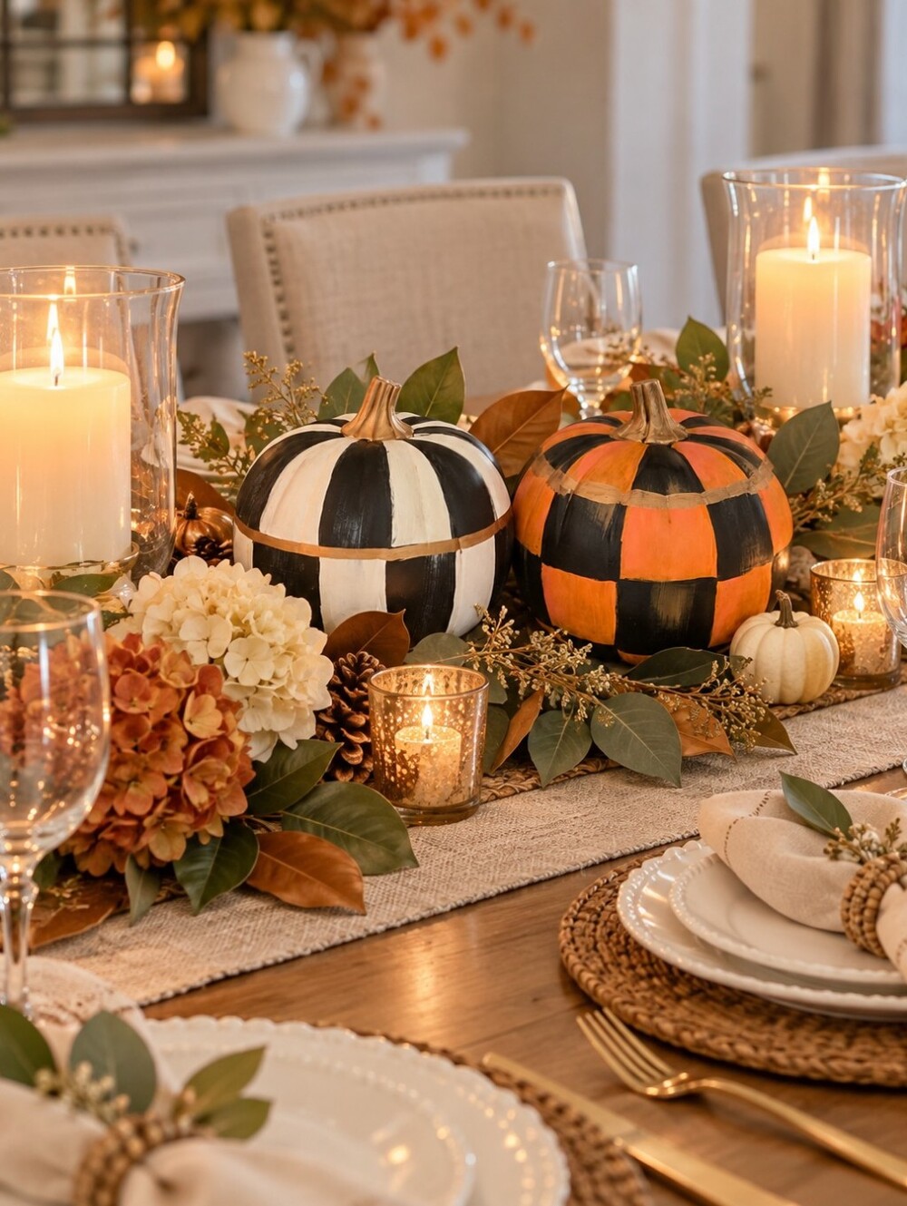 GORGEOUS , Hand Painted, Checked Black & Orange Check Pumpkin Set!